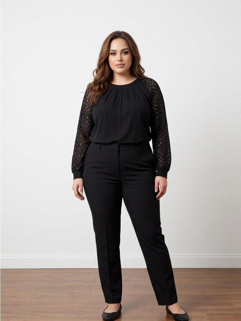 Black Lace-Sleeve Blouse with Pleated Front